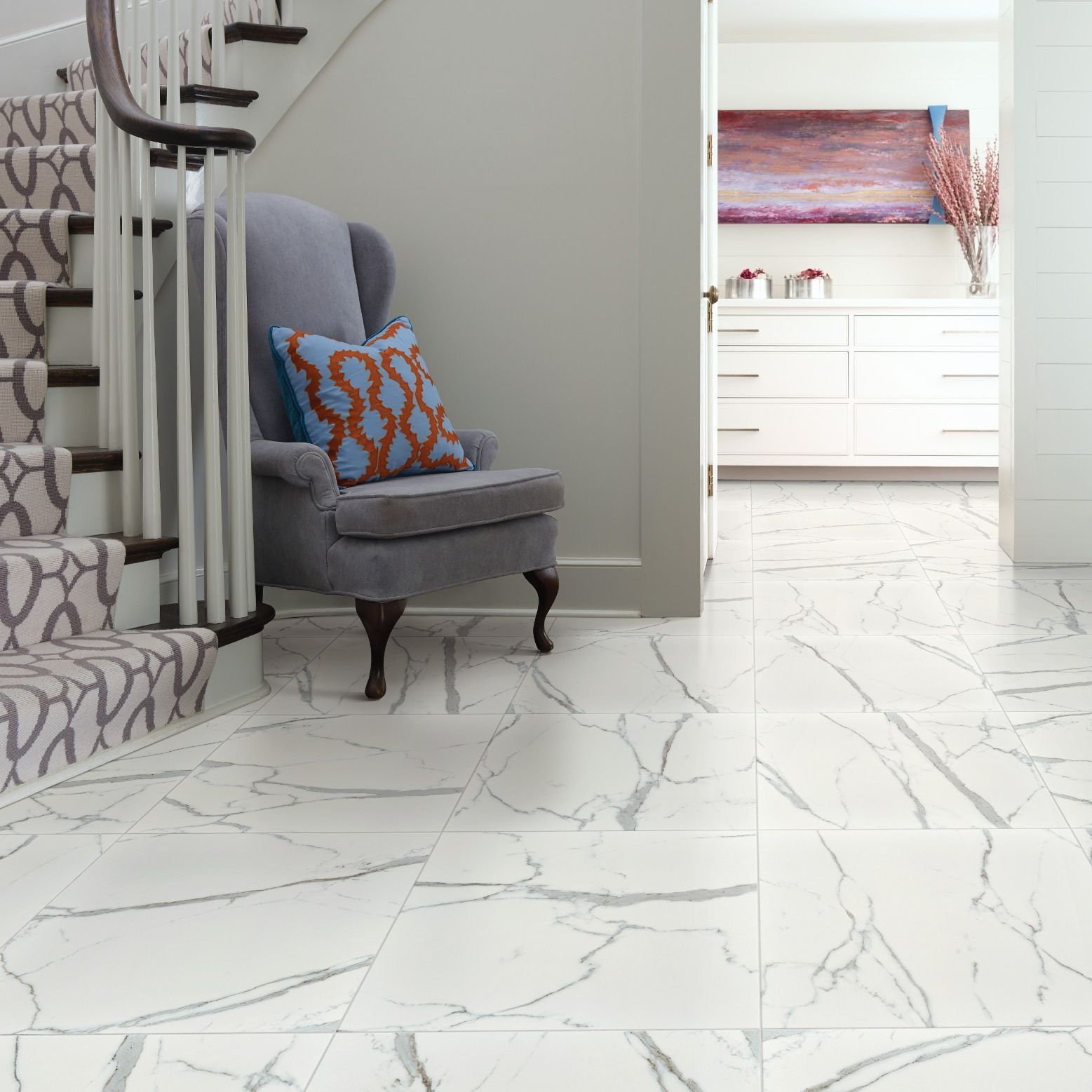 lobby area with white tile flooring from Katy Carpets in Katy, TX